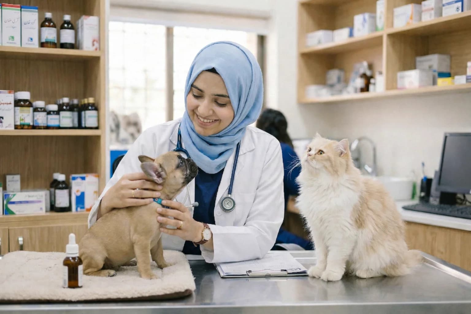 Pakistani female veterinarian examining a French Bulldog puppy with a Persian cat at a modern veterinary clinic