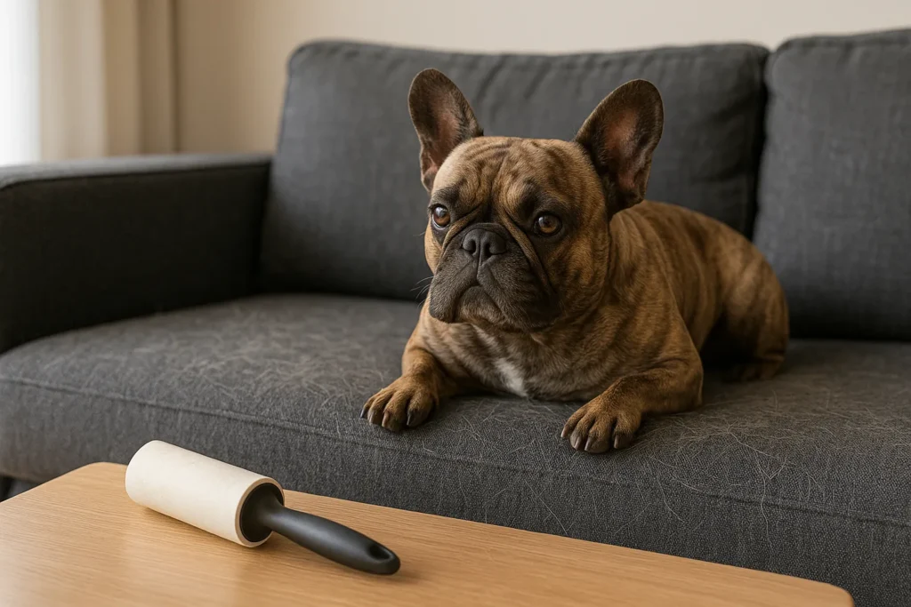 Brindle French bulldog lying on gray couch covered with hair; lint roller on coffee table foreground