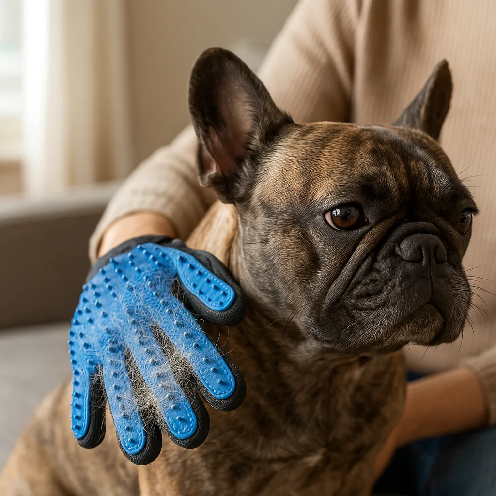 Blue grooming glove loaded with loose fur brushing a brindle French bulldog indoors, close-up.