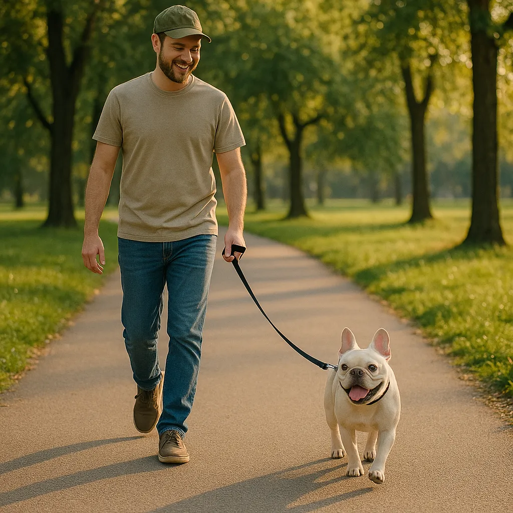 Man walking cream French Bulldog on leash along tree-lined park path