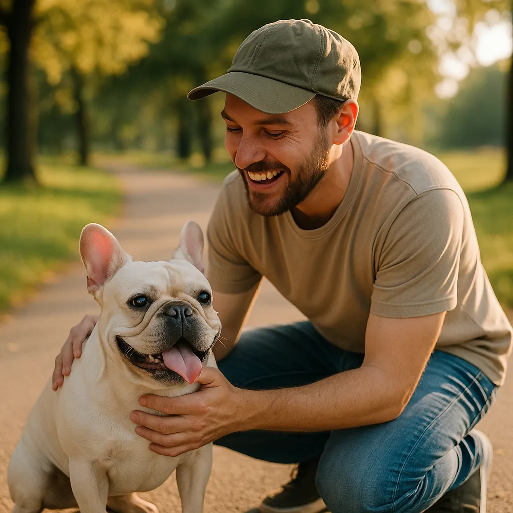 Man kneeling beside cream French Bulldog with tongue out on a park path