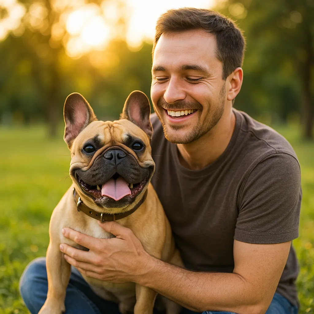Man smiling with tan French Bulldog sitting in park grass at sunset