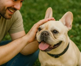 Man smiling while petting cream French Bulldog sitting on grass