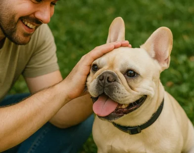 Man smiling while petting cream French Bulldog sitting on grass