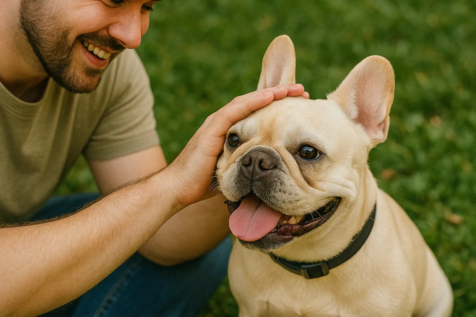 Man smiling while petting cream French Bulldog sitting on grass