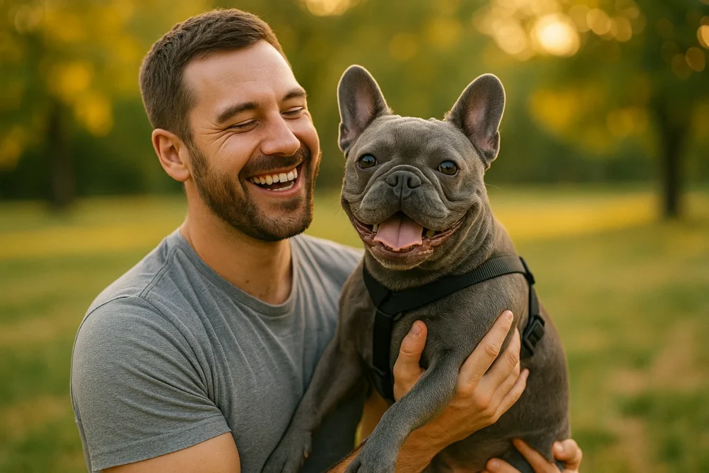 Man in gray t-shirt holding smiling French Bulldog outdoors at sunse