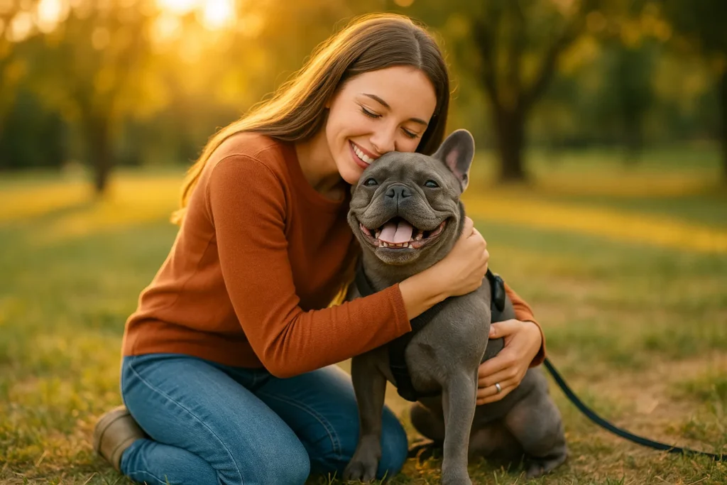 Woman in orange sweater hugging French Bulldog on grass at sunset