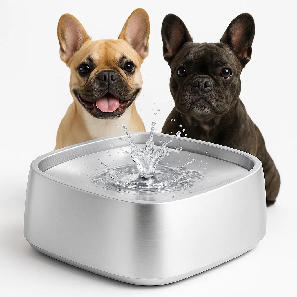 Two dogs sitting behind a stainless steel pet water fountain with splashing water