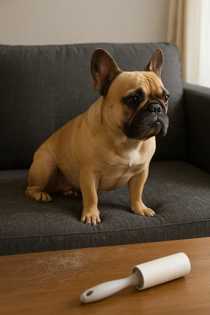 Tan French bulldog on dark gray sofa with visible shed hair; lint roller on wooden coffee table in foreground.