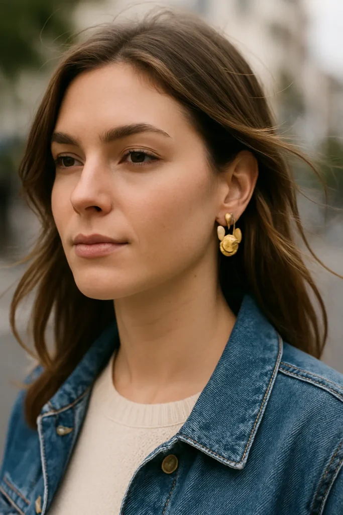 Gold hoop earrings styled with French Bulldog head charm. Unique statement jewelry for dog lovers with modern style.