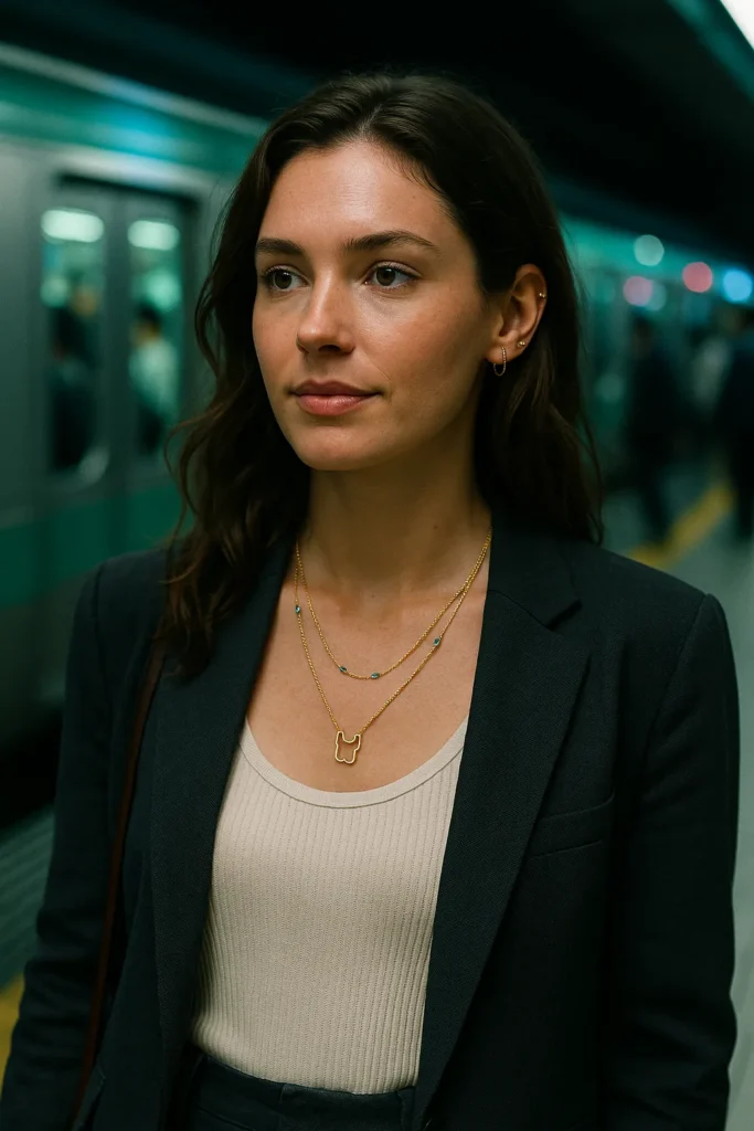 Close-up subway platform portrait highlighting layered gold necklaces with abstract pendant, styled with a dark blazer and ribbed tank.