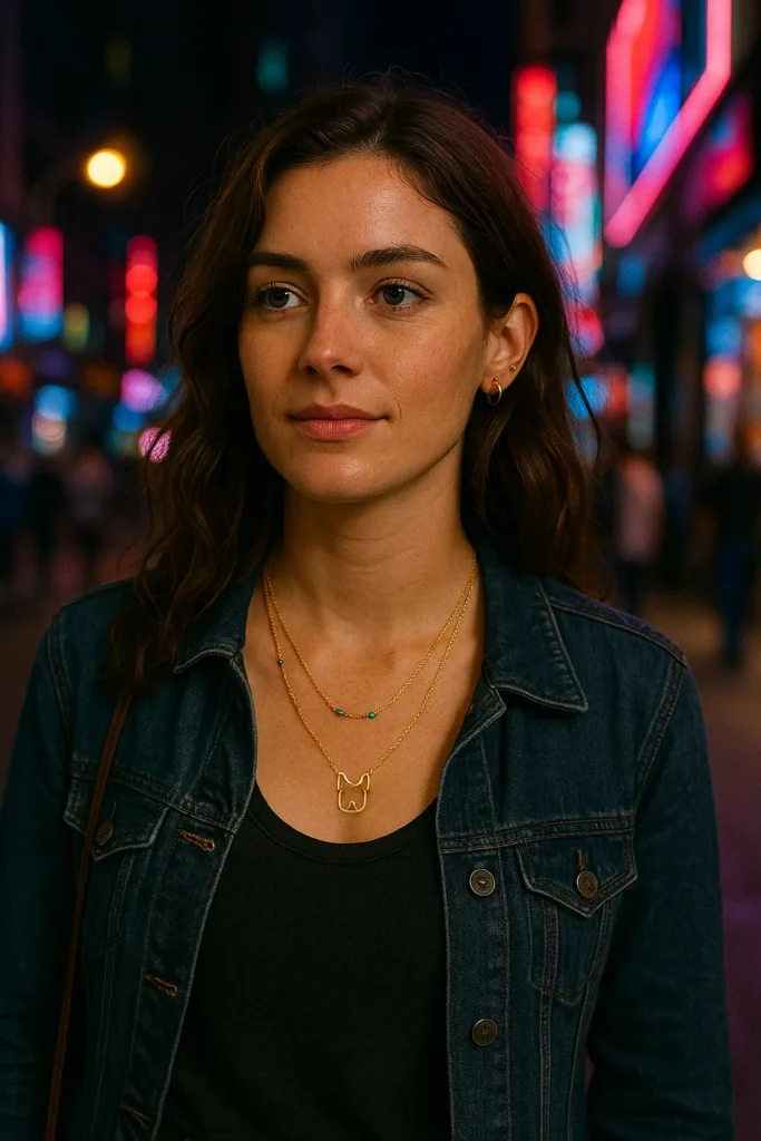 Urban night portrait in leather jacket featuring layered gold necklaces with beaded chain and hoop earrings for a bold, modern style.