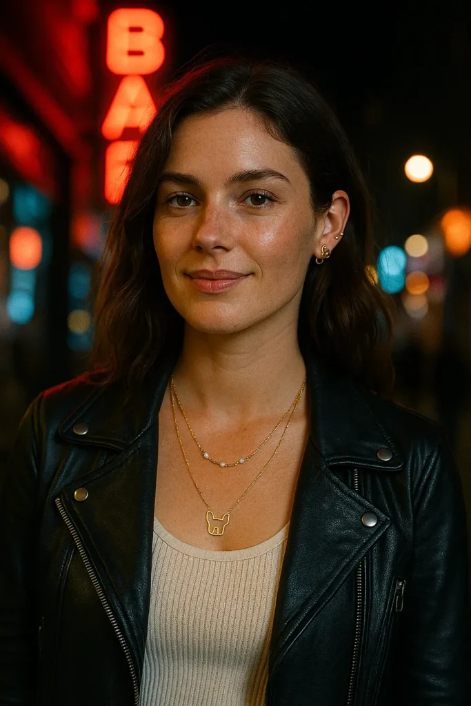 Night street portrait with neon lights featuring layered gold necklaces with turquoise beads, hoop earrings, and denim jacket.
