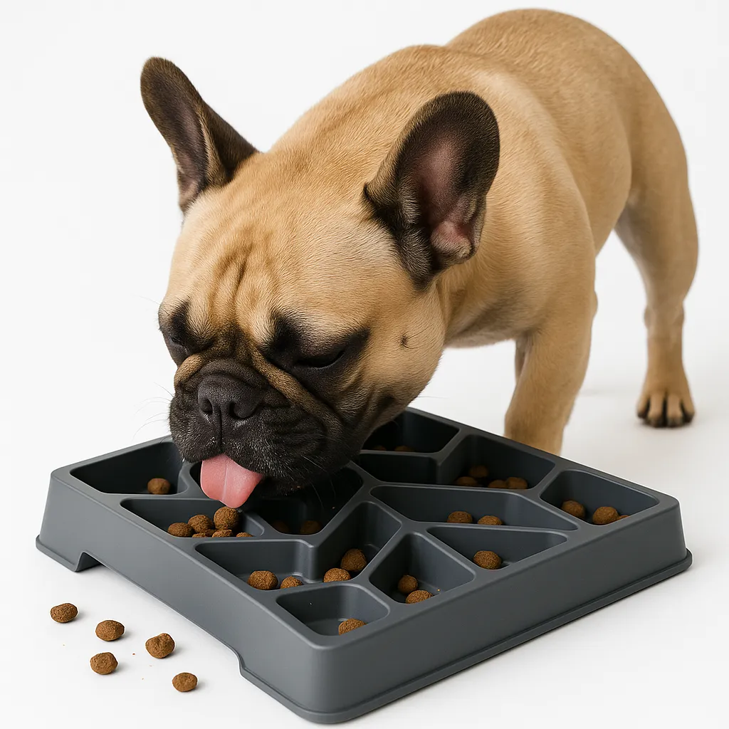 Dark gray pet food storage tray with multiple angled compartments for organized feeding
