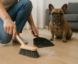 Person sweeping short dog hair into a black dustpan on light wood floor; French bulldog sits near gray sofa.
