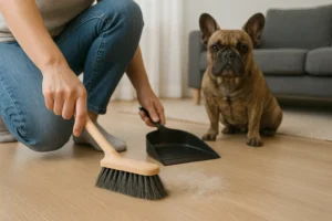 Person sweeping short dog hair into a black dustpan on light wood floor; French bulldog sits near gray sofa.