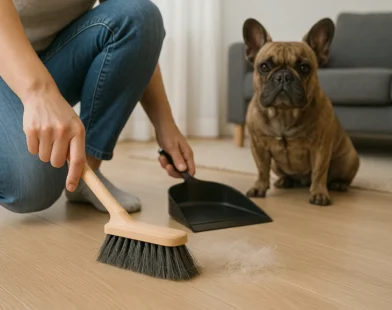 Person sweeping short dog hair into a black dustpan on light wood floor; French bulldog sits near gray sofa.