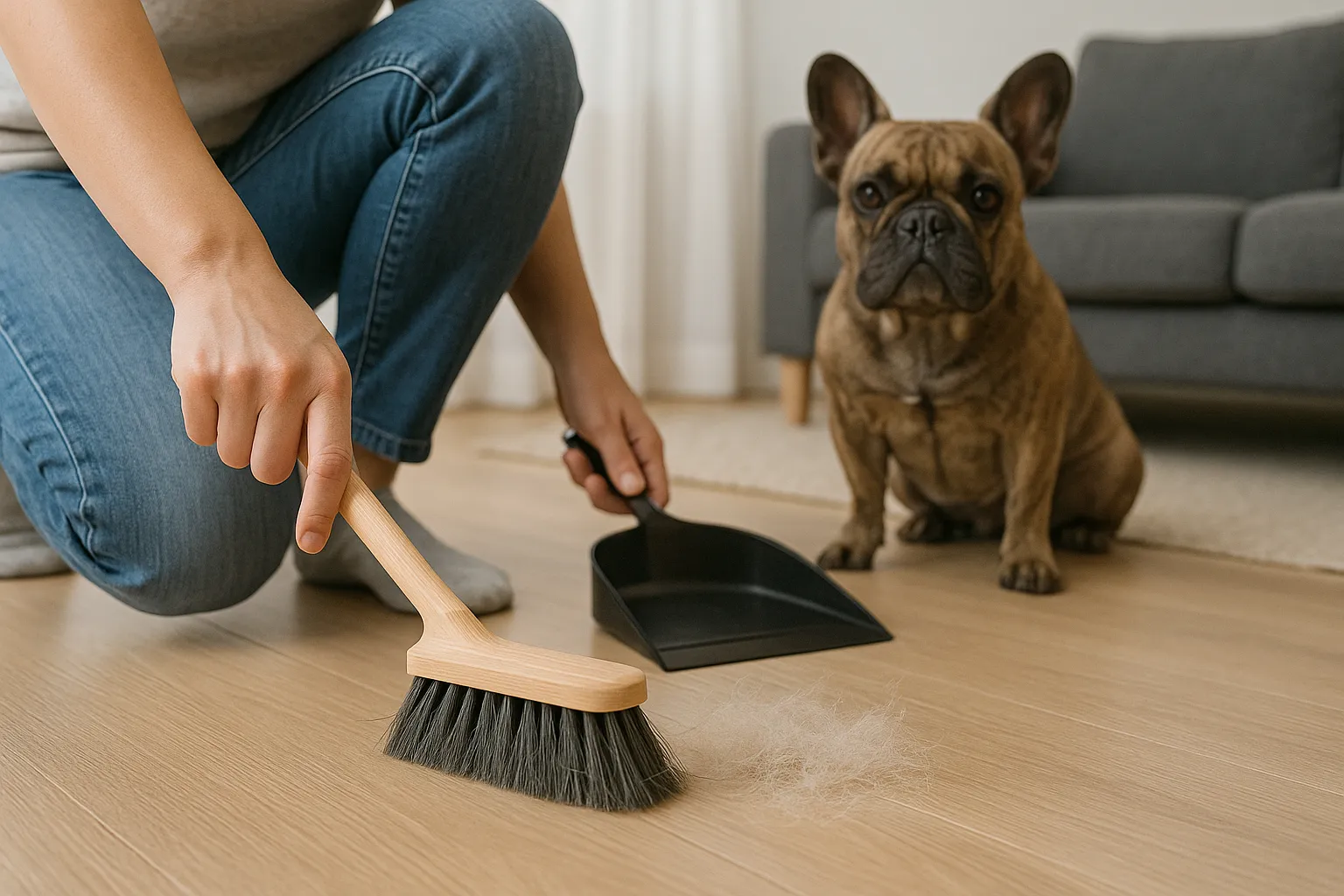 Person sweeping short dog hair into a black dustpan on light wood floor; French bulldog sits near gray sofa.