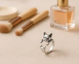 Detailed silver French Bulldog ring with wraparound design, styled beside makeup brushes and perfume for a chic look.