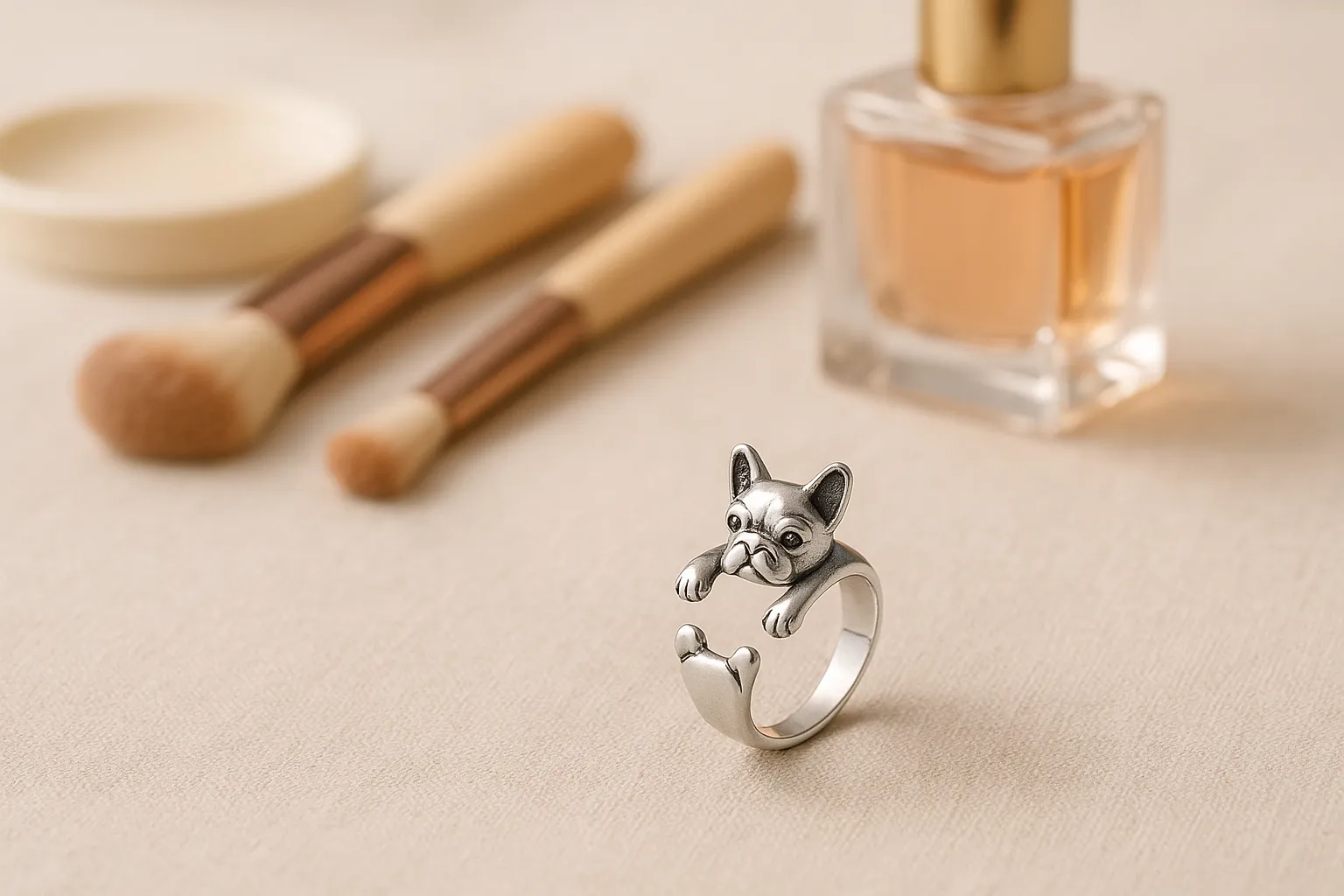 Detailed silver French Bulldog ring with wraparound design, styled beside makeup brushes and perfume for a chic look.