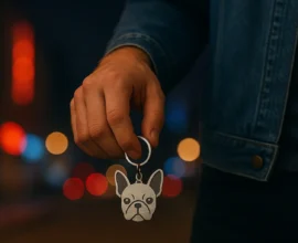 Hand holding French Bulldog face keychain with denim jacket visible, blurred city lights glowing in background at night.