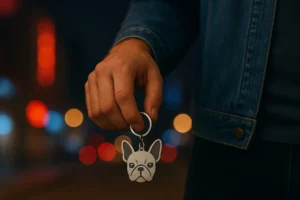 Hand holding French Bulldog face keychain with denim jacket visible, blurred city lights glowing in background at night.
