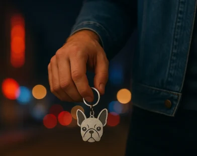 Hand holding French Bulldog face keychain with denim jacket visible, blurred city lights glowing in background at night.