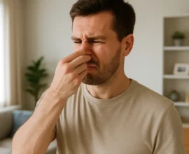 Man in beige t-shirt pinching his nose with expression of disgust indoors in a living room.