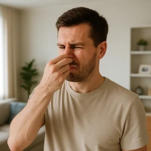 Man in beige t-shirt pinching his nose with expression of disgust indoors in a living room.