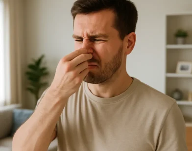 Man in beige t-shirt pinching his nose with expression of disgust indoors in a living room.
