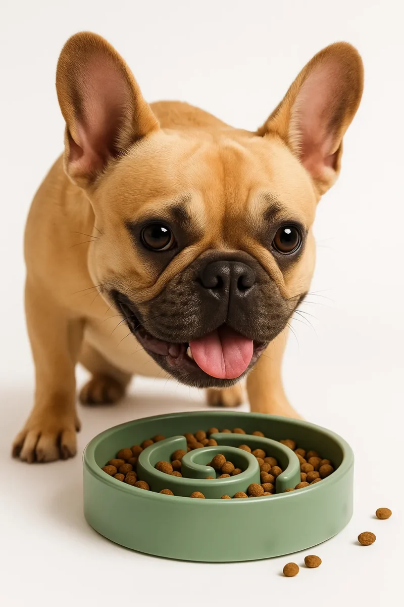 Tan French bulldog with tongue out eats kibble from a green spiral slow feeder bowl on a plain white background, close-up.