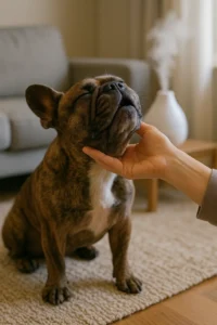 Seated brindle French bulldog on textured rug, head tipped up for a chin scratch; white tabletop humidifier steaming behind.