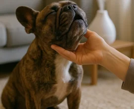 Seated brindle French bulldog on textured rug, head tipped up for a chin scratch; white tabletop humidifier steaming behind.