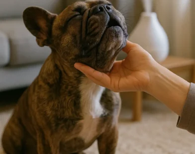 Seated brindle French bulldog on textured rug, head tipped up for a chin scratch; white tabletop humidifier steaming behind.