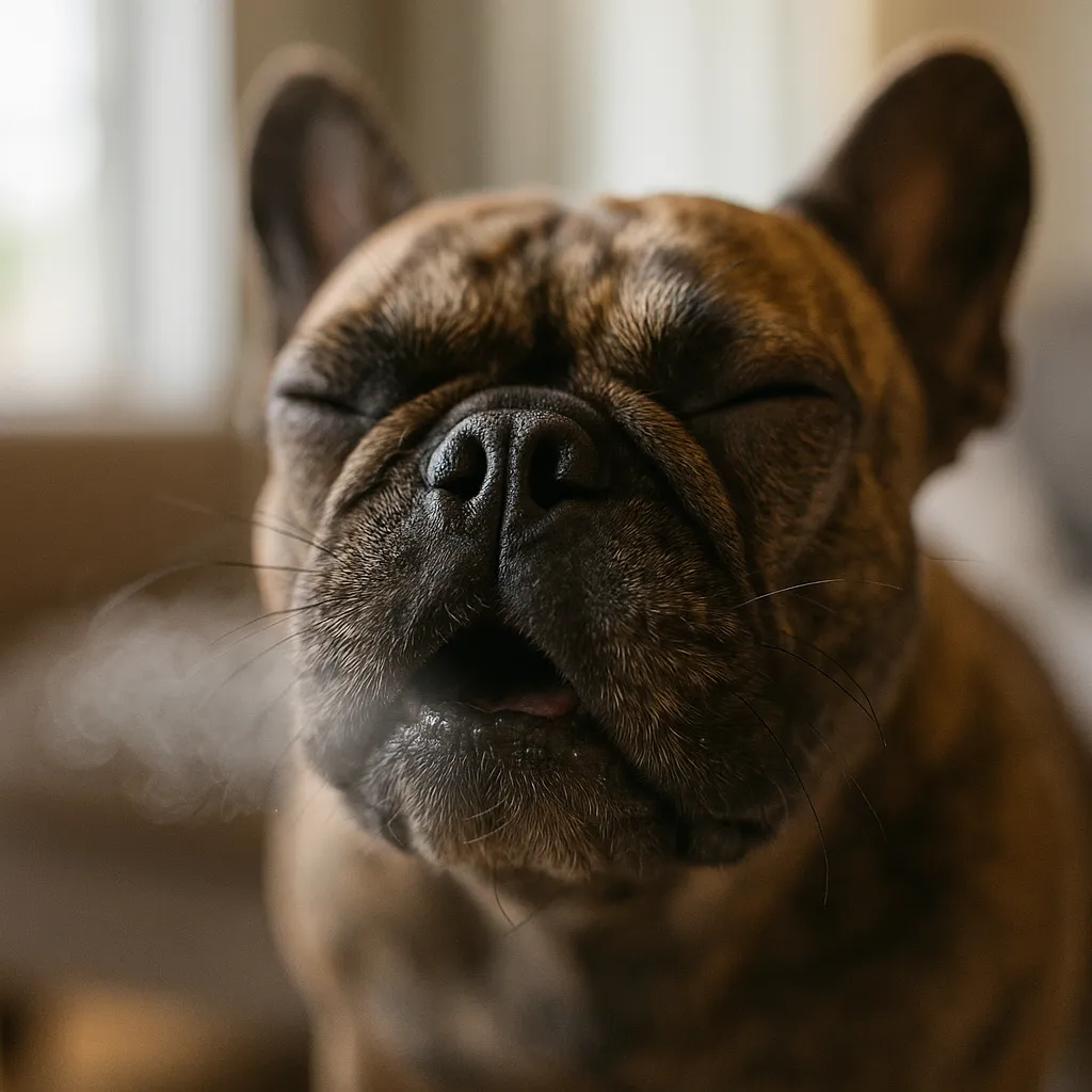 Close-up brindle French bulldog with eyes closed mid sneeze; breath vapor by muzzle in a softly lit living room.