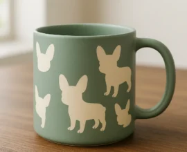 Matte sage green mug patterned with cream French bulldog silhouettes on a wooden table near a bright window.