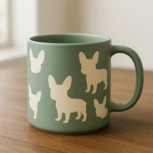 Matte sage green mug patterned with cream French bulldog silhouettes on a wooden table near a bright window.