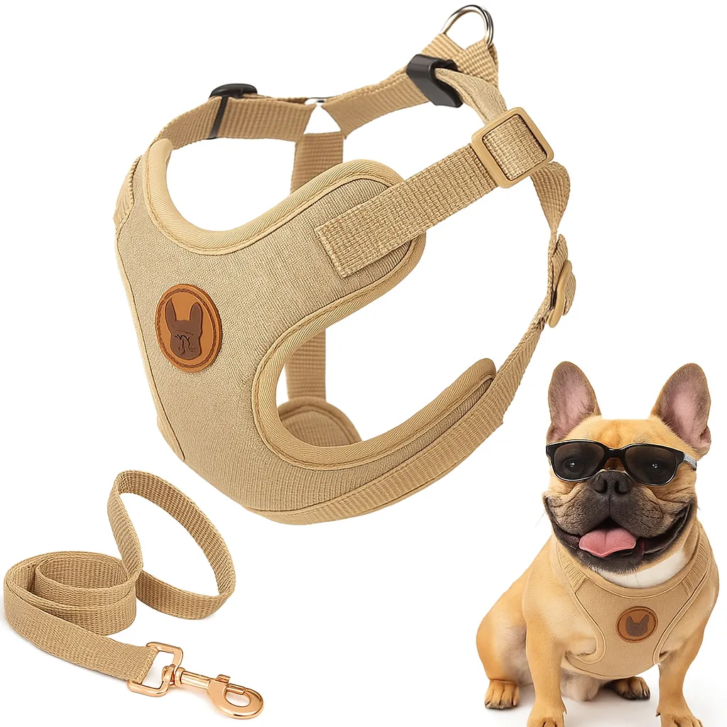 Brown padded dog harness with adjustable straps and matching leash; French bulldog wearing the harness on a white background.