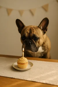 Brindle French bulldog looks closely at a cupcake with a lit candle on a linen runner, with soft bunting in the background.