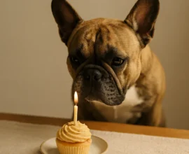 Brindle French bulldog looks closely at a cupcake with a lit candle on a linen runner, with soft bunting in the background.