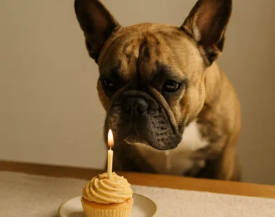 Brindle French bulldog looks closely at a cupcake with a lit candle on a linen runner, with soft bunting in the background.