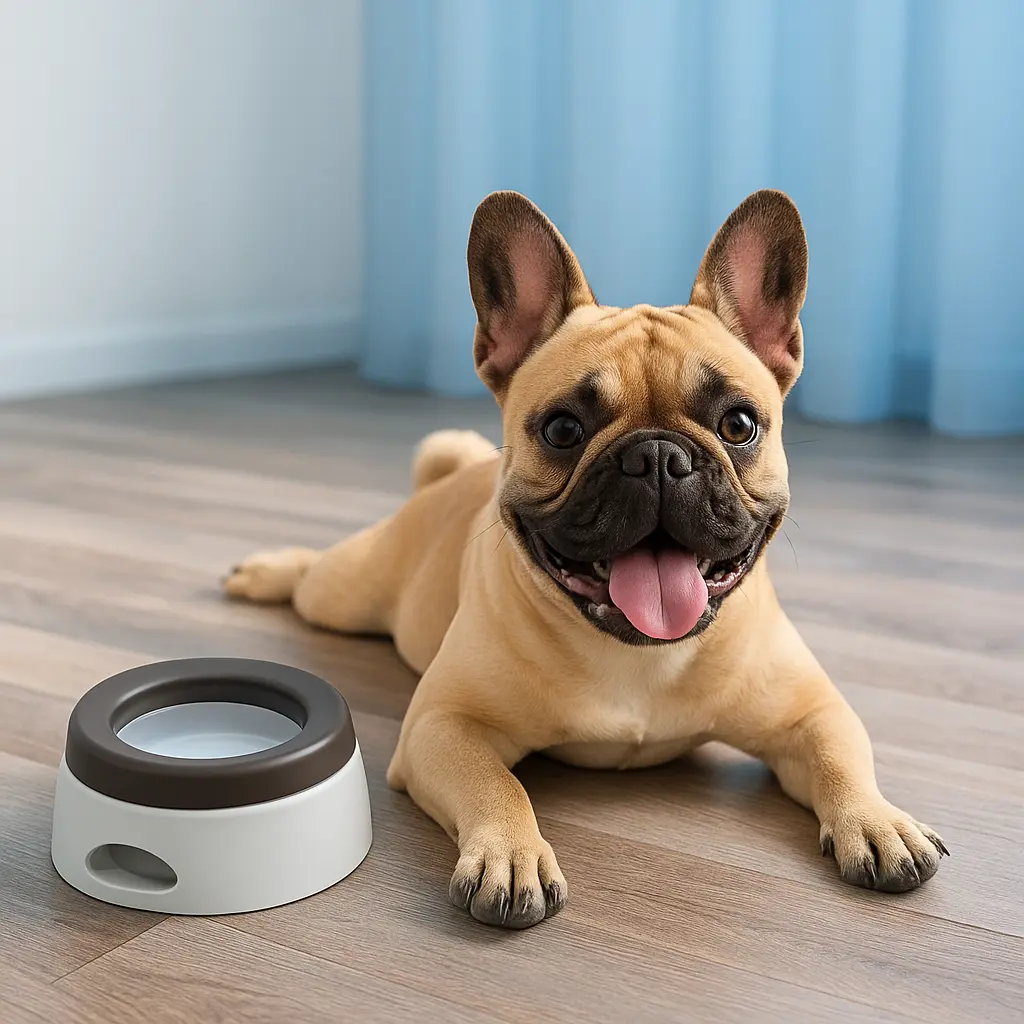 Smiling French bulldog lies on wood floor next to a white feeding bowl with brown rim in a bright room with blue curtains.