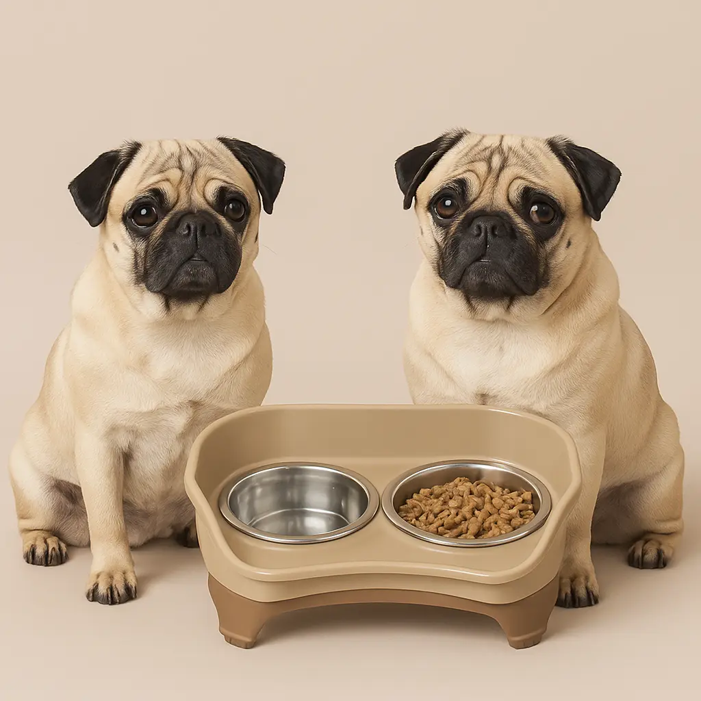 Two pugs sit behind a tan elevated feeder with twin stainless-steel bowls, one filled with kibble, against a beige backdrop.