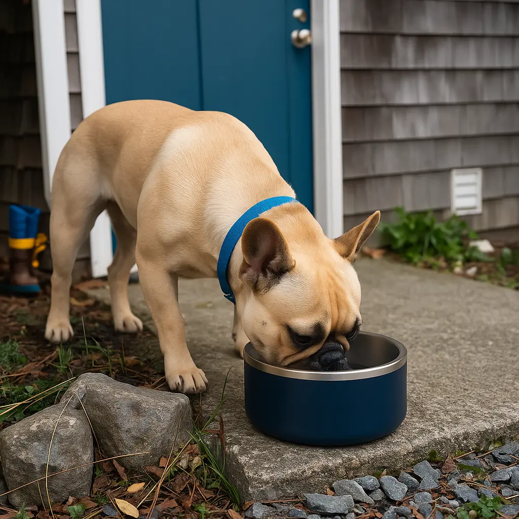 French bulldog in blue collar drinks from a navy stainless-steel dog bowl on a stone porch beside rocks and a teal door.