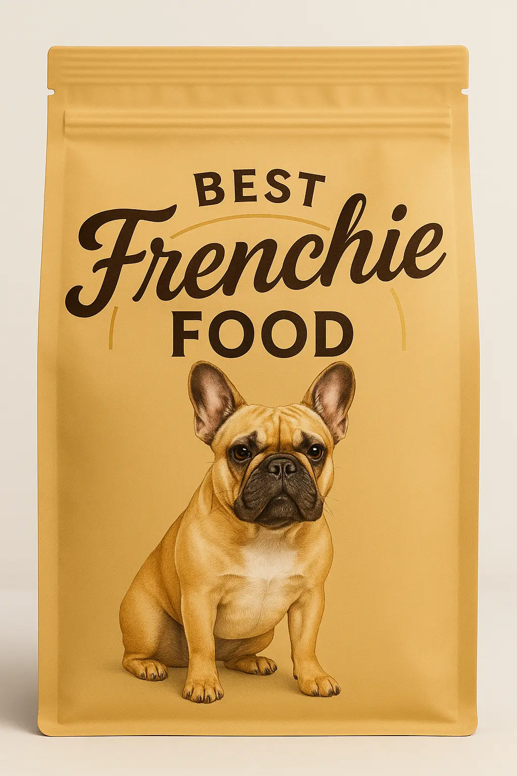 Tan French bulldog illustration centered on a matte mustard dog food pouch with a resealable top and minimalist design.