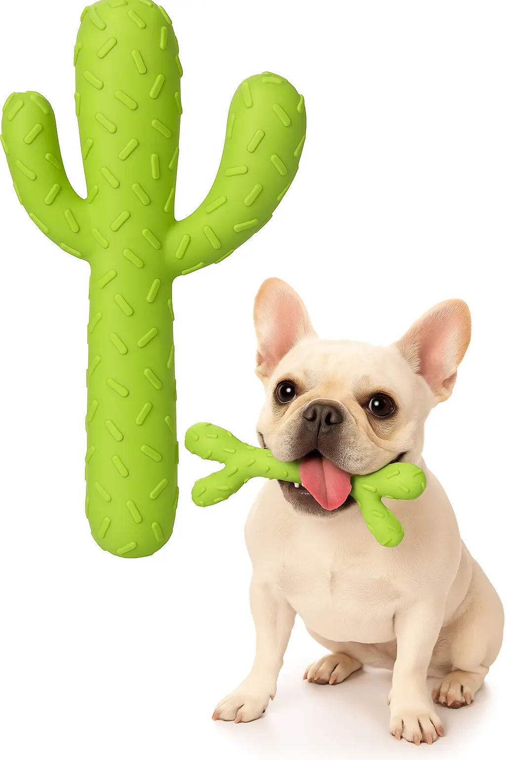 Cream French bulldog holds a small green cactus chew, tongue out, with a larger cactus toy beside, isolated on a white background.
