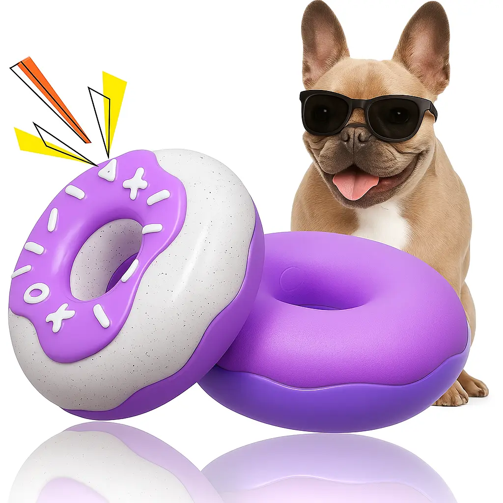 Two pink donut-shaped dog chew toys with white speckled icing and sprinkles, a brindle bulldog in sunglasses behind them on a white background.