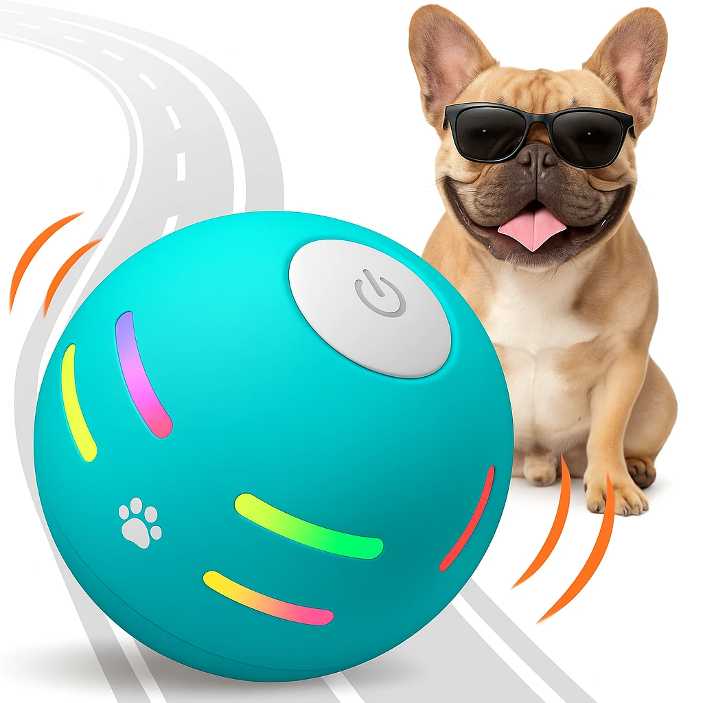 Teal interactive dog ball with multicolor LED strips and power button beside a smiling French bulldog in sunglasses on a white background.