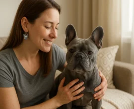 Smiling woman holds a gray French bulldog on a beige sofa in a sunlit living room, hands resting on the dog’s shoulders.