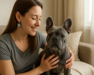 Smiling woman holds a gray French bulldog on a beige sofa in a sunlit living room, hands resting on the dog’s shoulders.